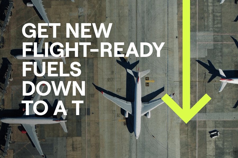 An airplane taking off over U.S. landscape powered by sustainable aviation fuel (SAF)