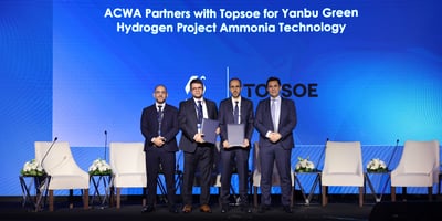 From left: Yassir Ghiyati, CCO, Topsoe, Mohammed Benchekchou, VP and Managing Director, Europe, Middle East, Africa and Central Asia, Topsoe, Alfons Juan, Vice President of Strategic Supply & Contracting, ACWA, and Thomas Altmann, Executive Vice President, Innovation & New Technology, ACWA.