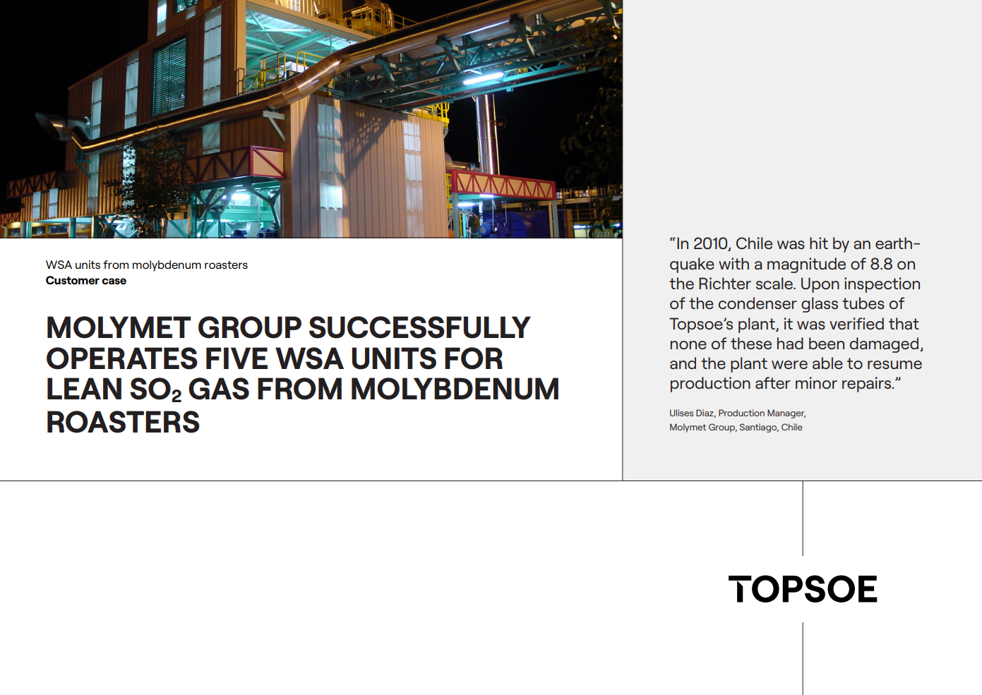 Molymet group successfully operates five units for lean SO2 gas from molybdenum roasters