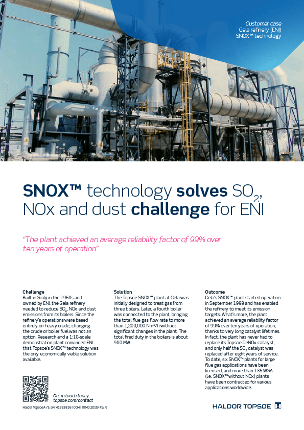SNOX™ technology solves SO2, NOx and dust challenge for ENI SNOX™ technology solves SO2, NOx and dust challenge for ENI