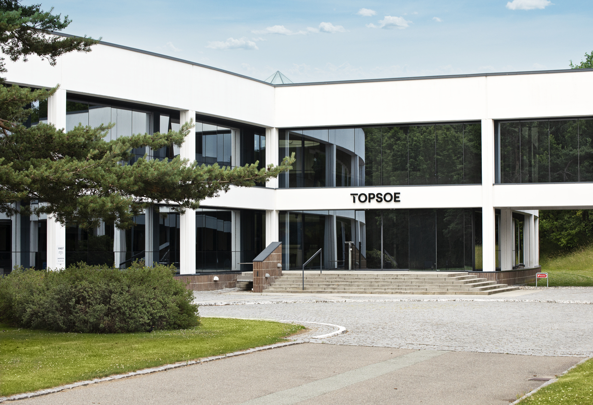 Topsoe global HQ, Ravnholm, Kgs. Lyngby, Denmark. Logo on facade.