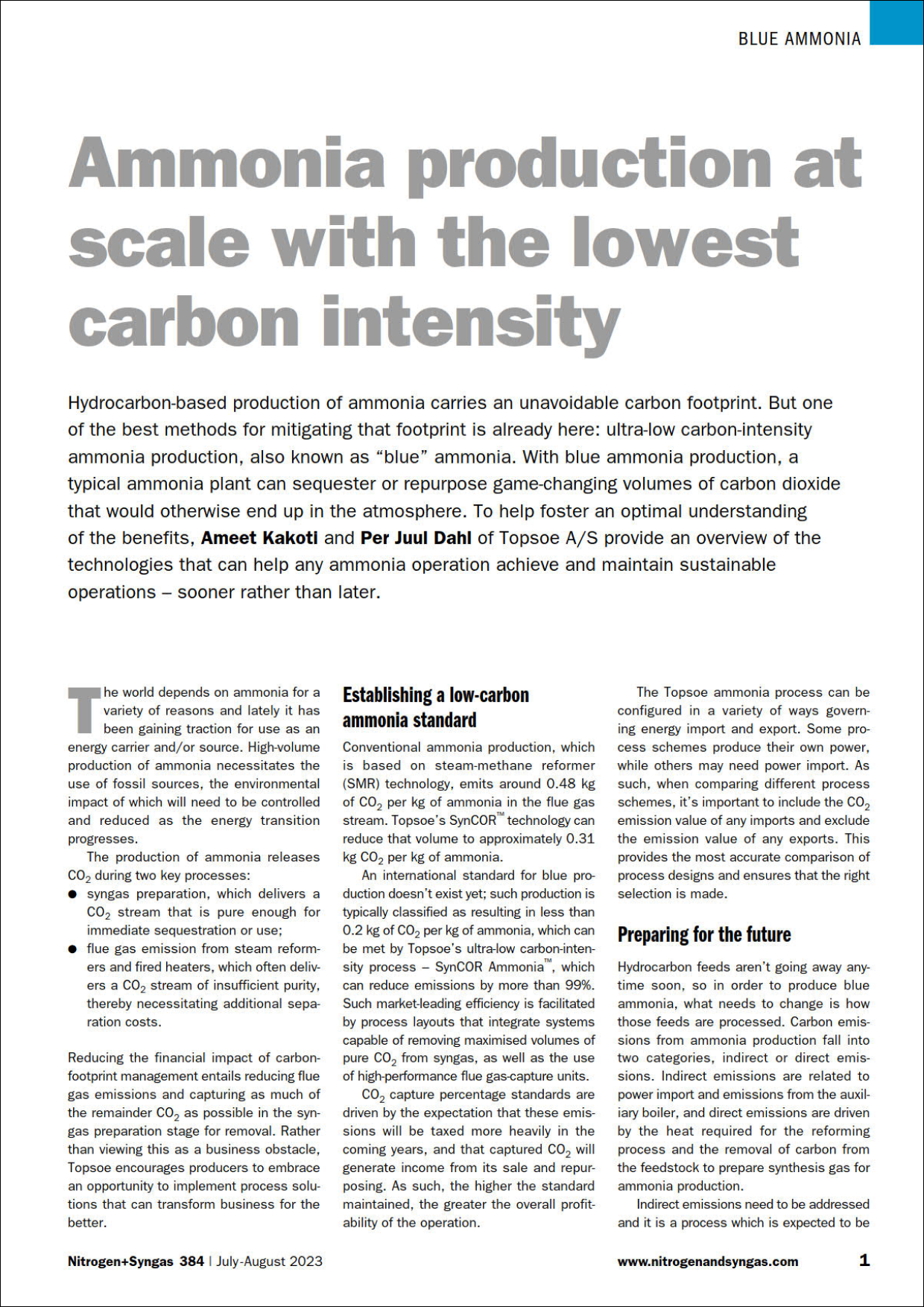 Ammonia production at scale with the lowest carbon intensity