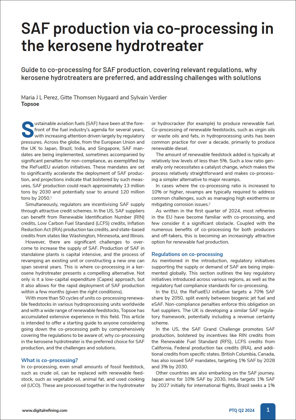 SAF production via co-processing in  the kerosene hydrotreater