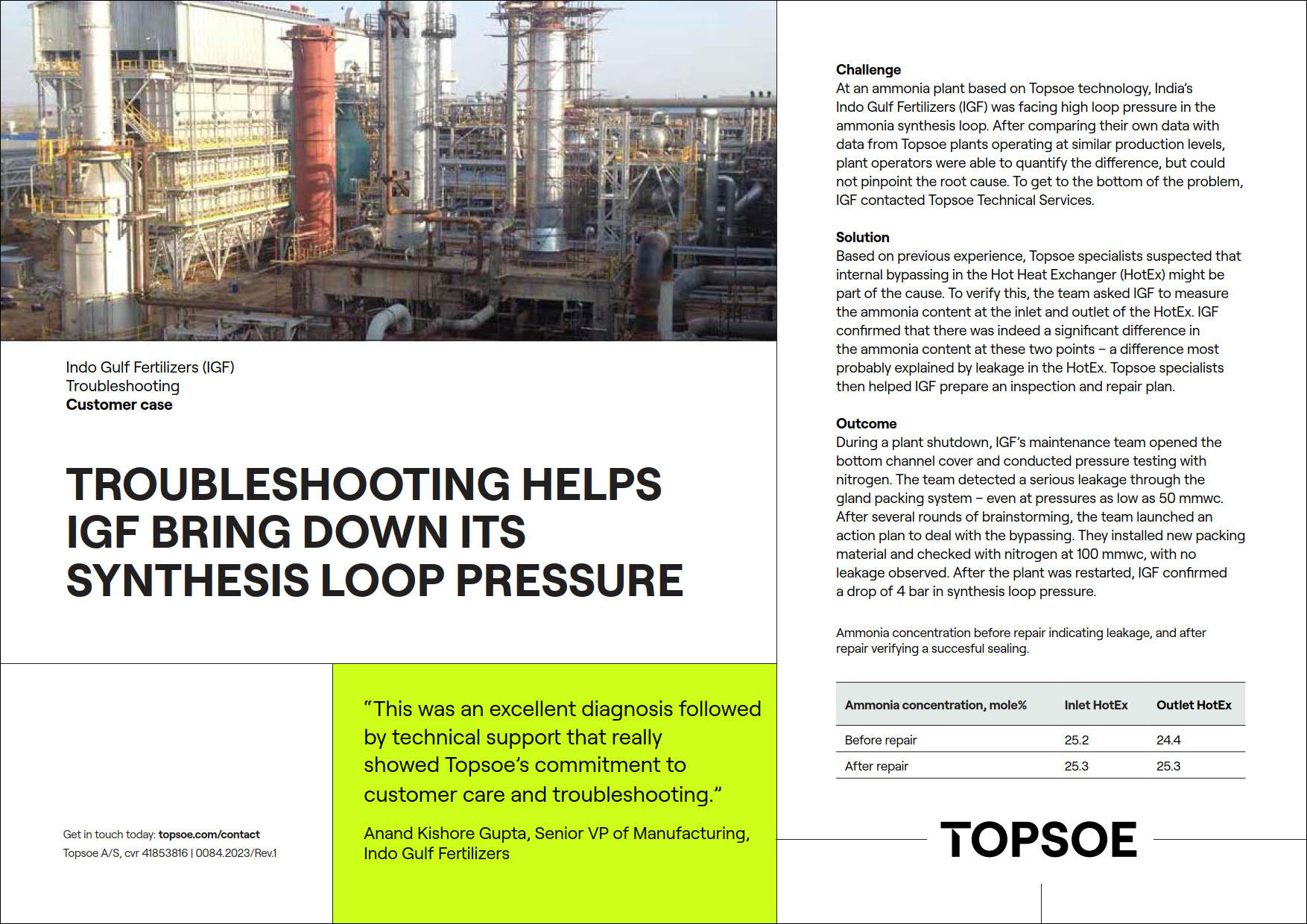 Troubleshooting helps IGF bring down its synthesis loop pressure