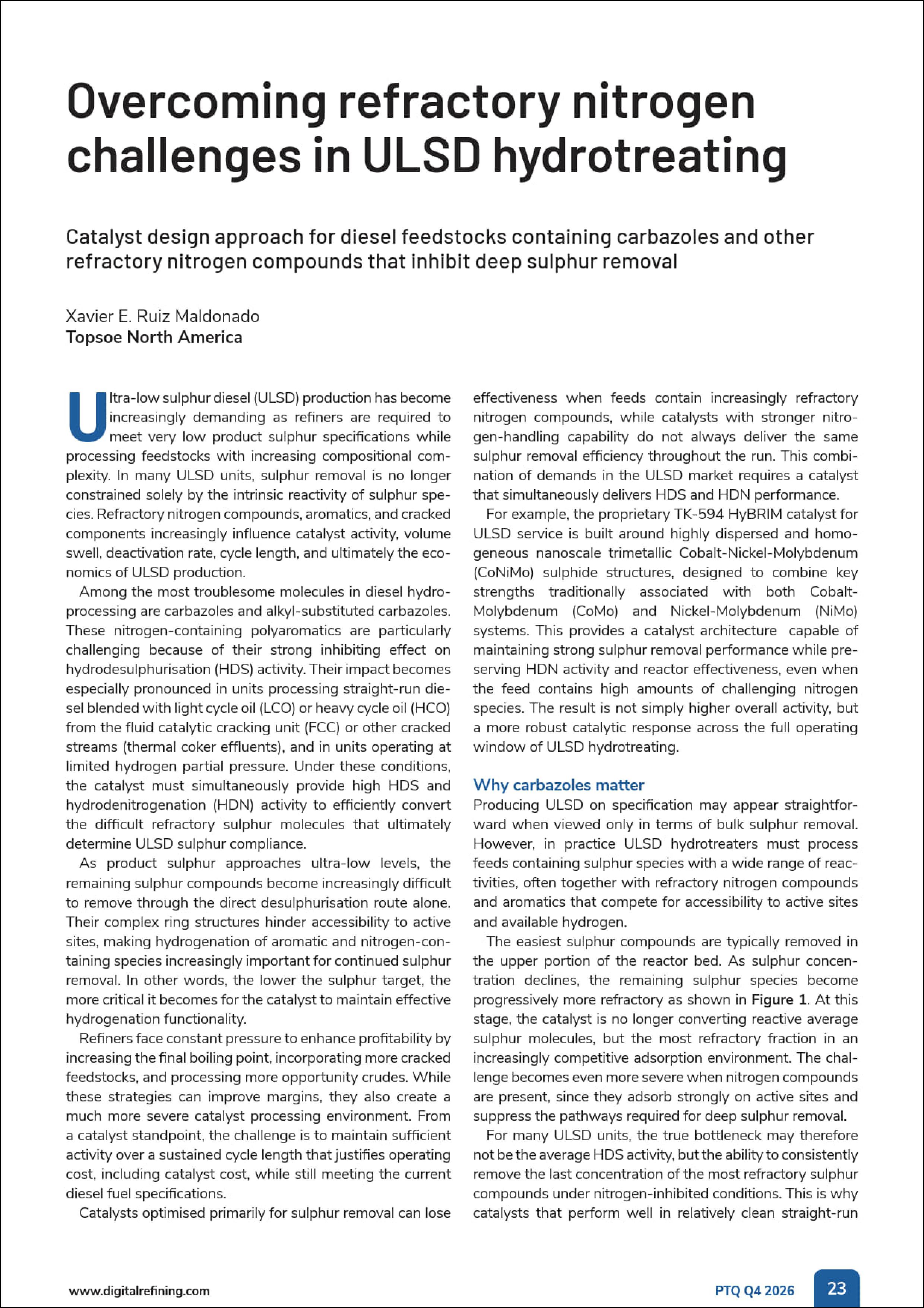 Overcoming refractory nitrogen challenges in ULSD hydrotreating  featured Image