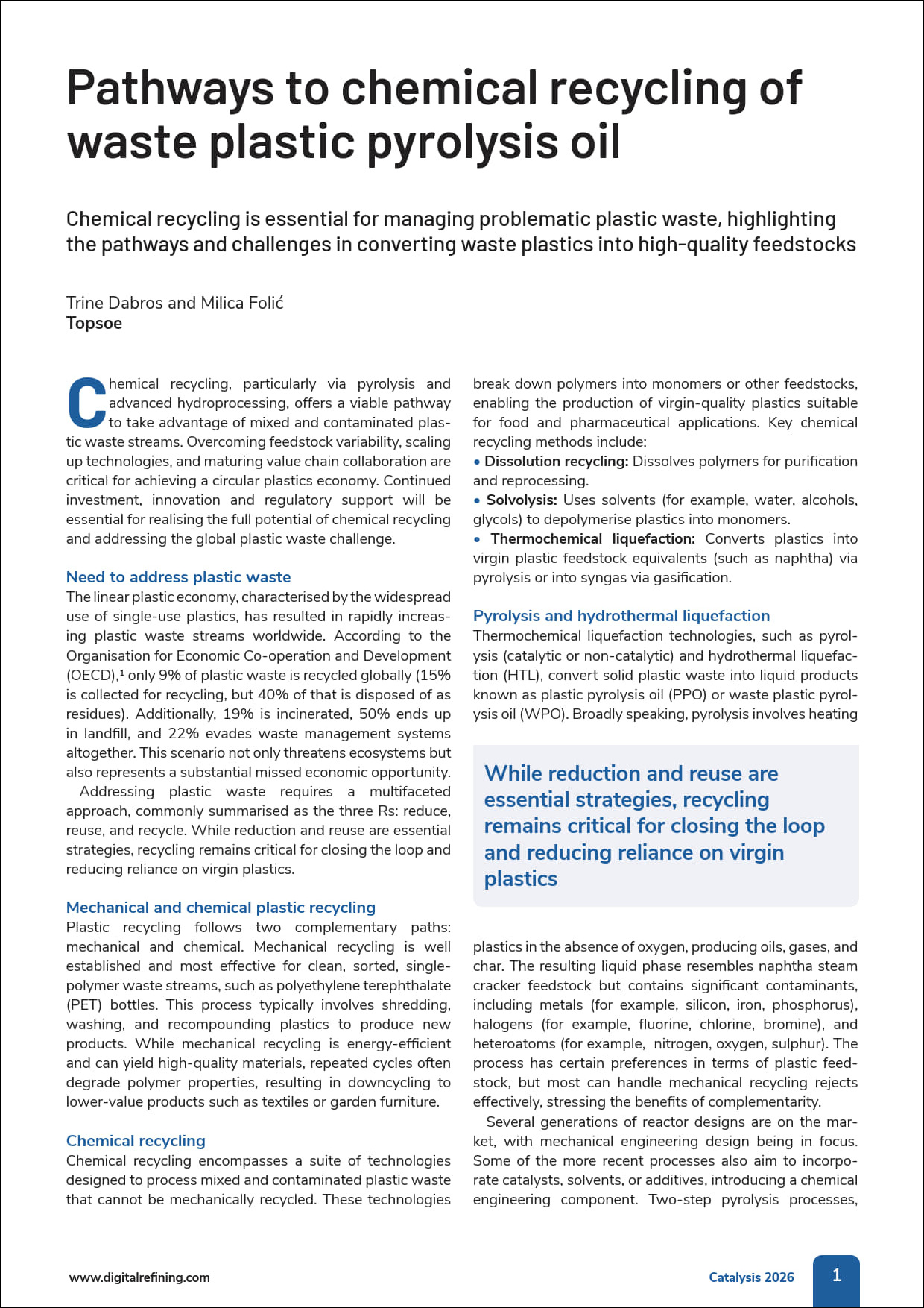 Pathways to chemical recycling of waste plastic pyrolysis oil featured Image
