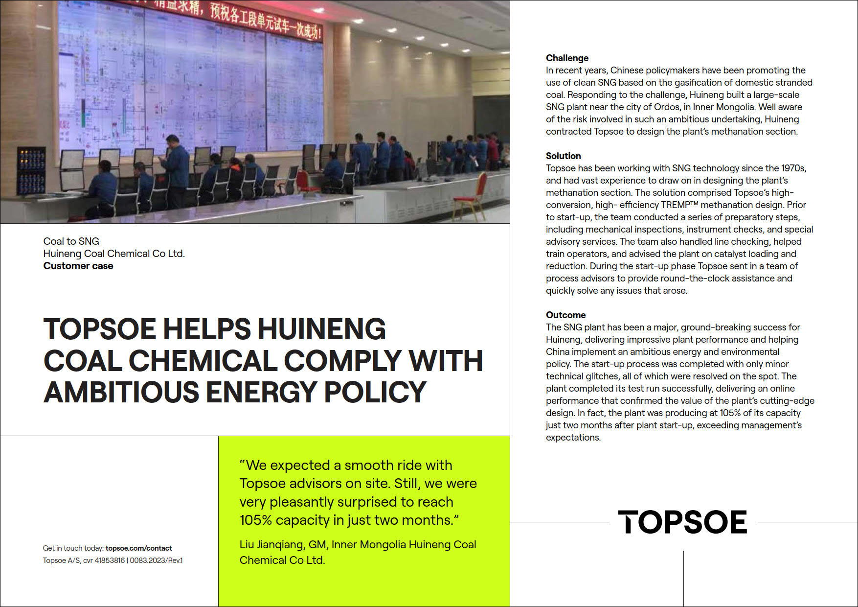 Topsoe helps Huineng Coal Chemical comply with ambitious energy policy