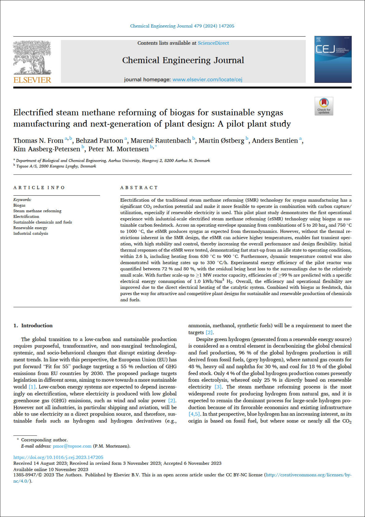 Electrified steam methane reforming of biogas for sustainable syngas  manufacturing and next-generation of plant design: A pilot plant study 